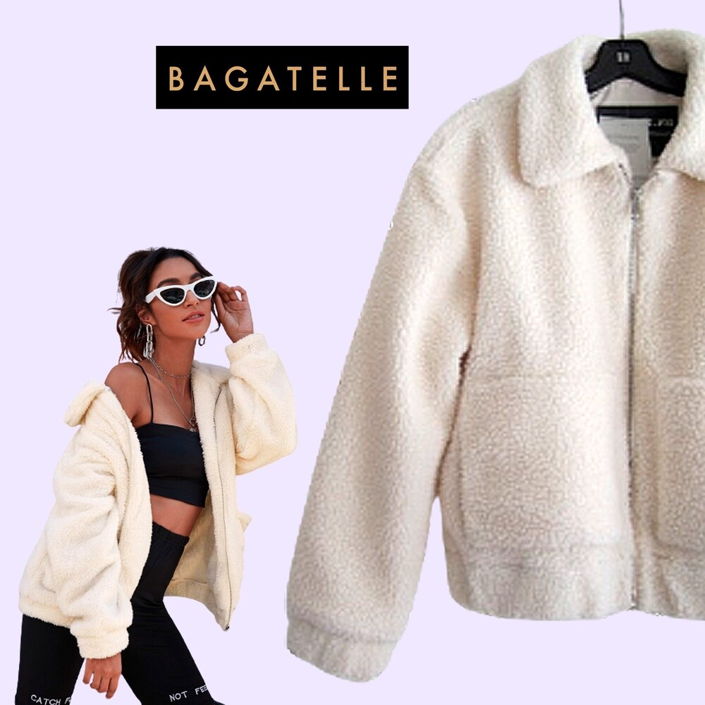 BAGATELLE NEW Faux Shearling Full Zip Patch Pocket Jacket Cream M NWT - Picture 9 of 12
